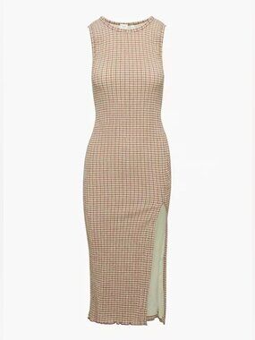 Aritzia Wilfred Verona Gingham Sleeveless Seersucker Midi Dress Sage Brown XS